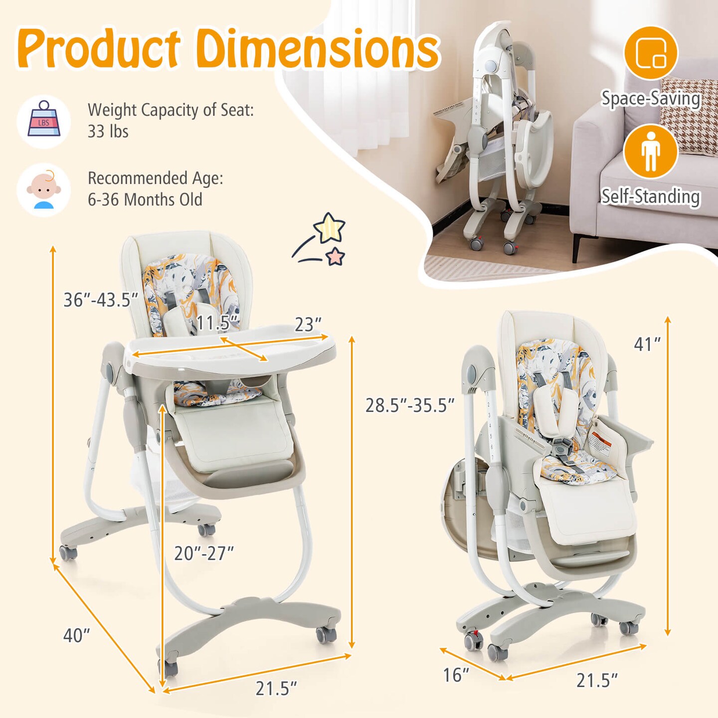 Costway High Chair for Babies &#x26; Toddlers with Rolling Wheels Adjustable Height Footrest White/Pink/Navy/Black