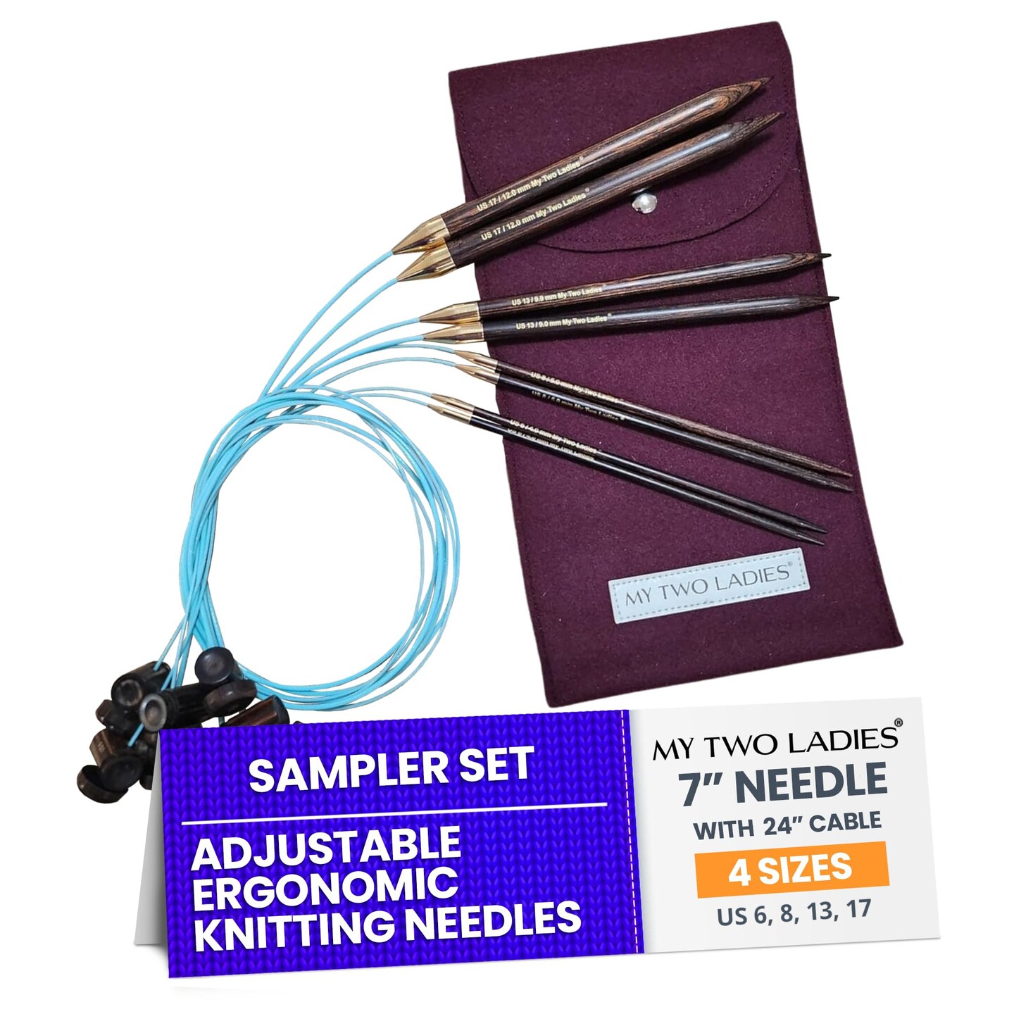 My Two Ladies | Blue Silk | Sampler Set | Adjustable Knitting Needles | 4 SIZES | US6, US8, US13, US17 | w/custom case