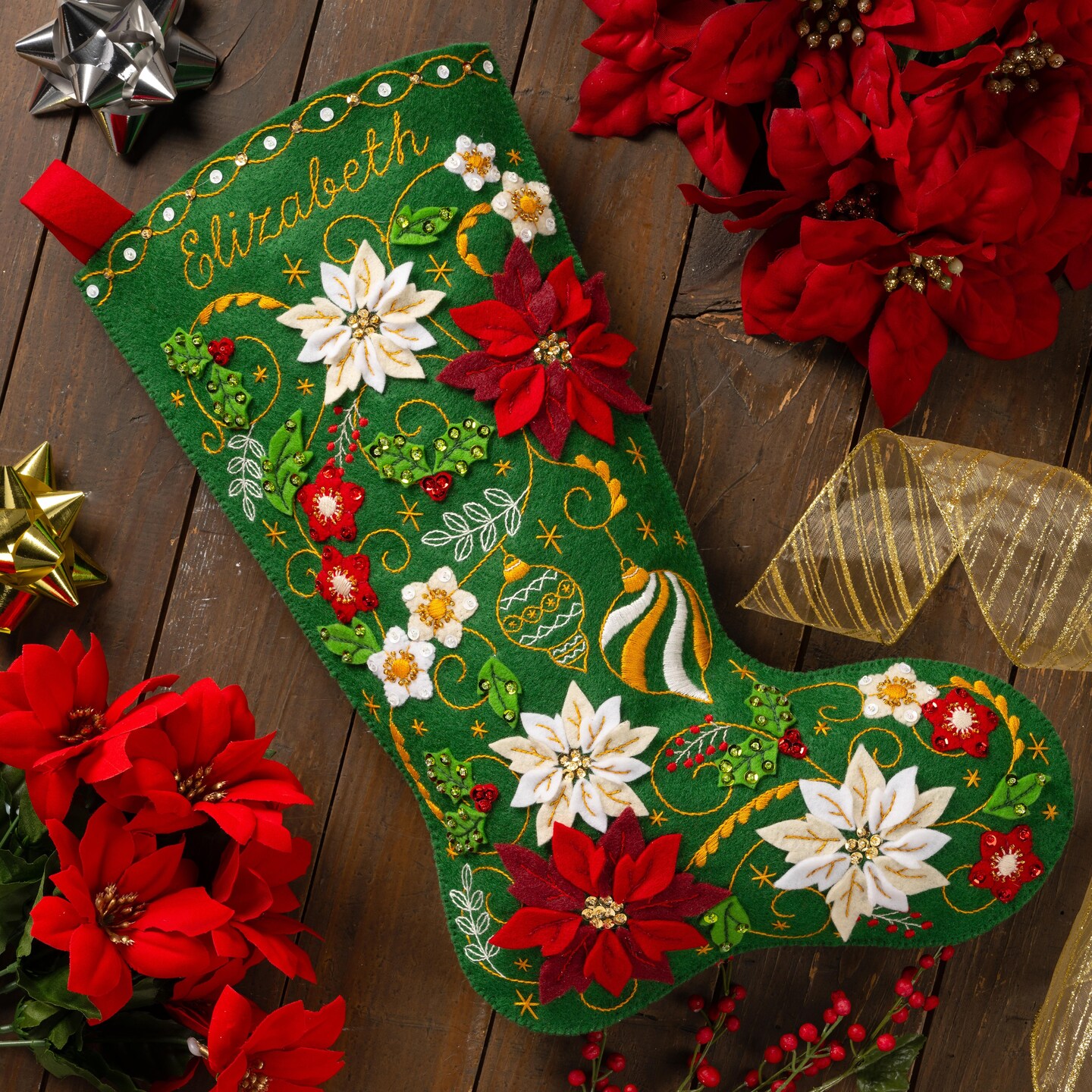 Bucilla Felt Stocking Applique Kit 18" Long-Poinsettia Elegance