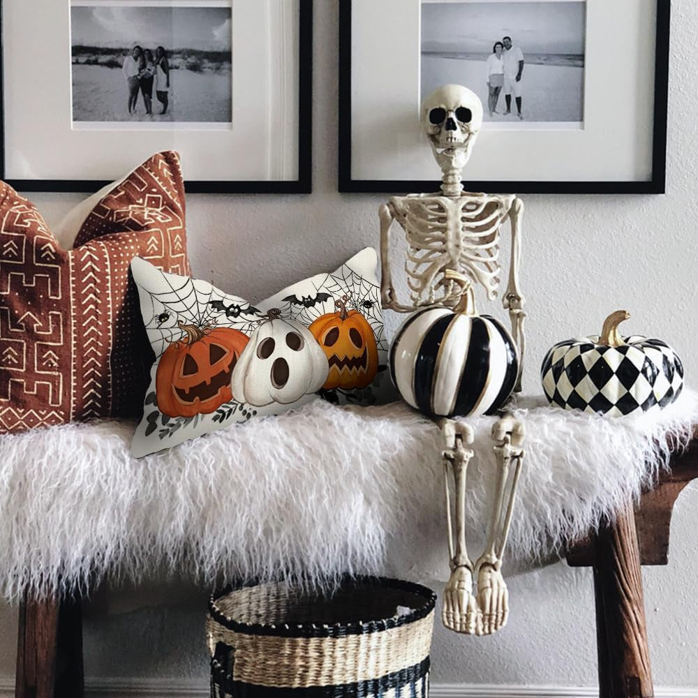 Halloween Pillow Cover 16X16 Inch Pumpkin Jack-O&#x27;-Lanterns Bat Web Decoration Holiday Farmhouse Pillow Case Decor for Home Sofa Couch AA306-16