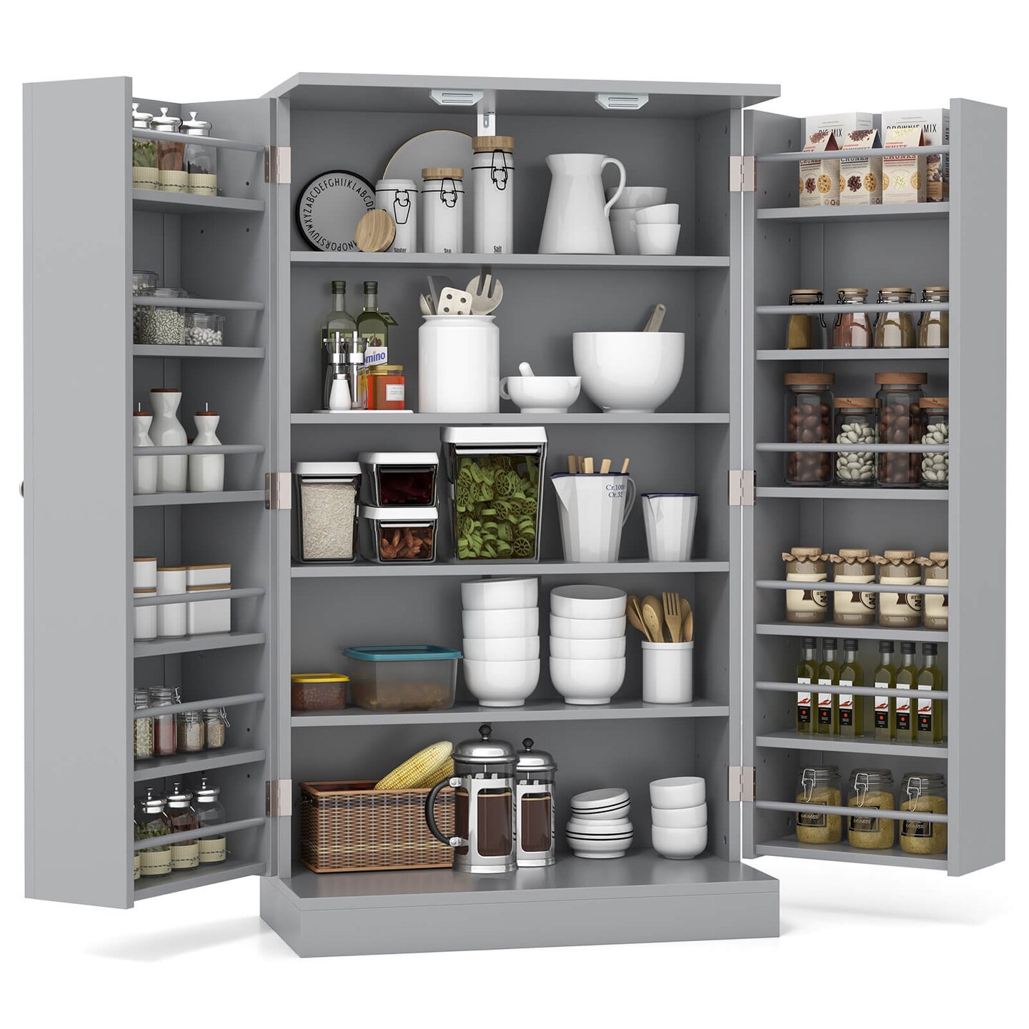 Costway 41&#x22; Farmhouse Kitchen Pantry Storage Cabinet withDoors Adjustable Shelves Grey/White