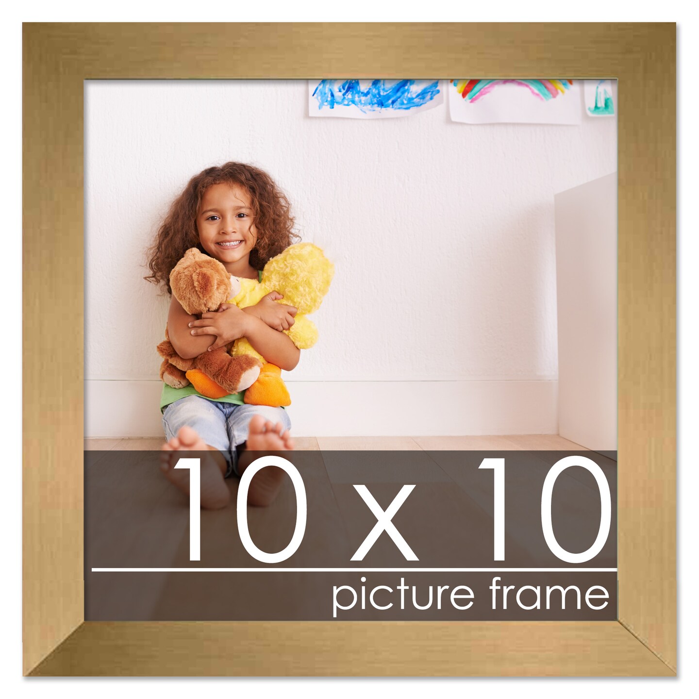 10x10 Gold Wood Picture Square Frame - UV Acrylic, Foam Board Backing, Hanging Hardware
