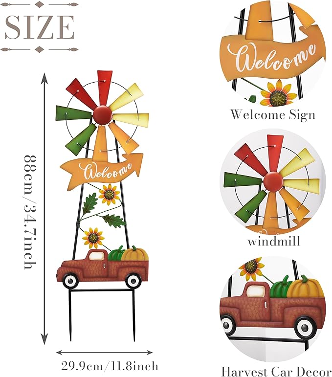 Fall Windmill Decor for Outdoor, Wind Spinner with Metal Pumpkin Sign for Yard Decorations, Harvest Car Welcome for Thanksgiving Decorations, Autumn Outdoor Decor, Patio 35&#x22;