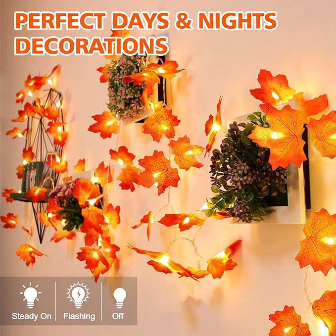 4PCS Fall Decor Thanksgiving Decorations for Home Table, Fall Leaves Garland Lights, 40FT 80LED Halloween Decorations: Indoor Outdoor Fall Home Room Decor, Autumn Harvest Party Wedding Decorations