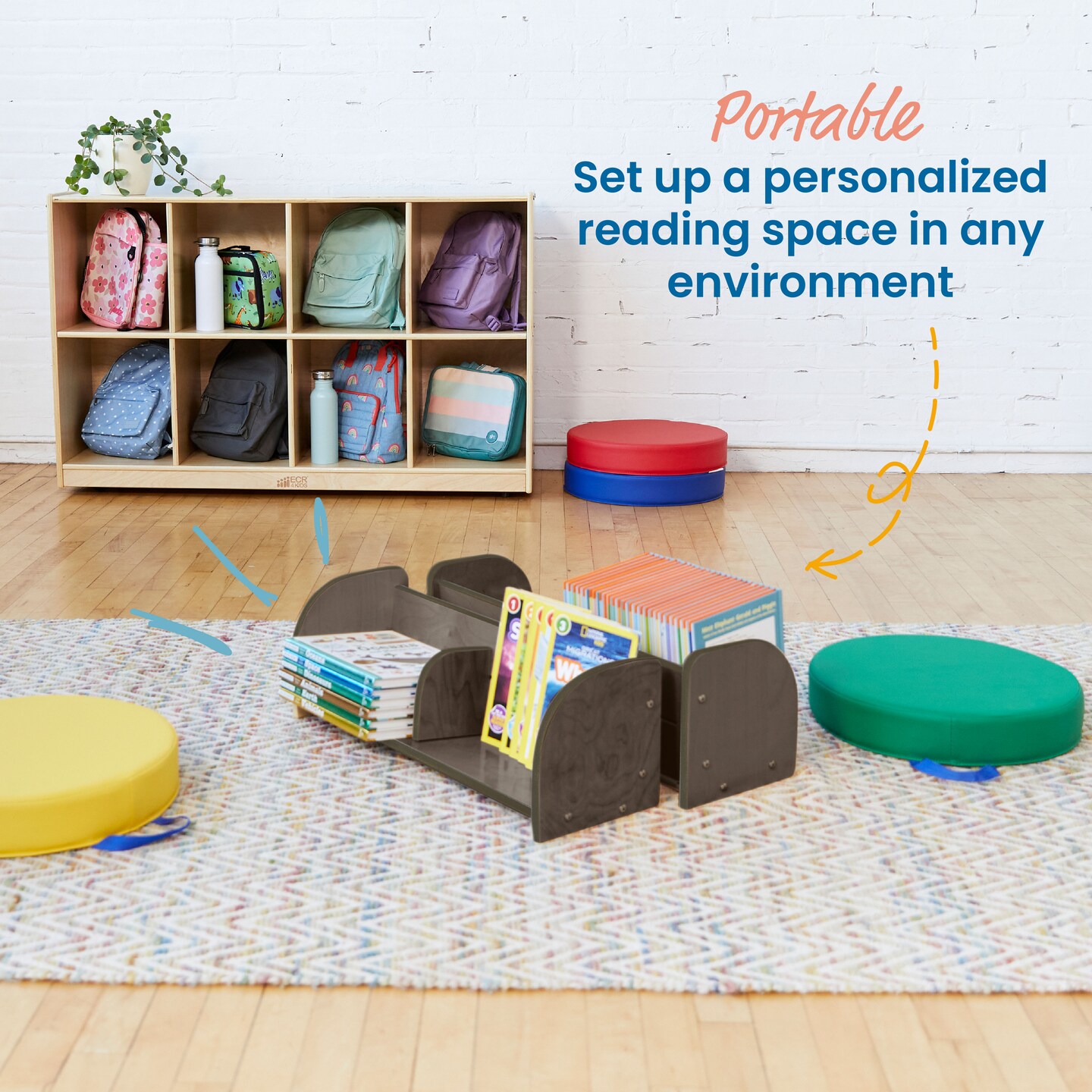 Tabletop Book Display, Library Storage Organizer with Adjustable Book Stop