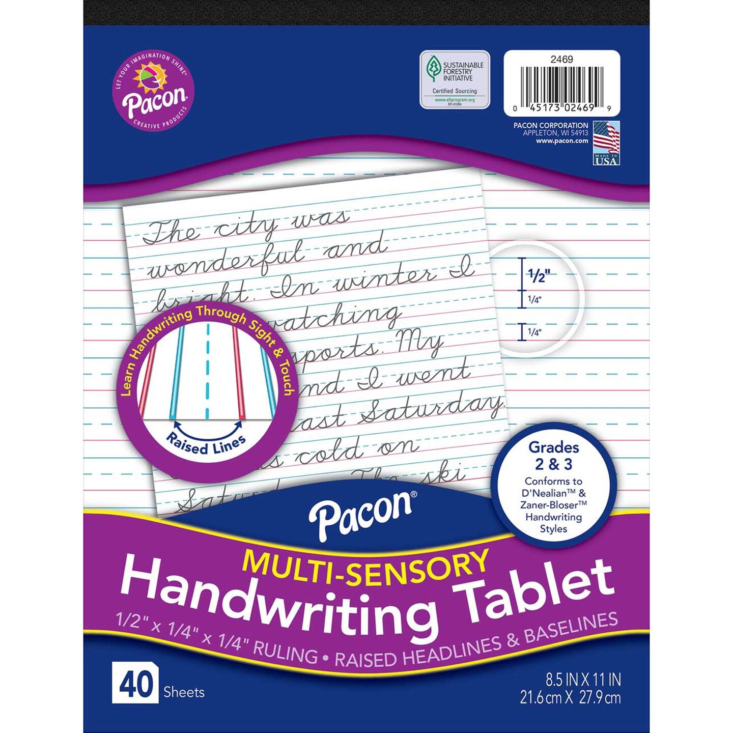 Multi-Sensory Raised Ruled Tablet, Tape-Bound Tablet, 1/2" x 1/4" x 1/4" Ruled Short, 8-1/2" x 11", 40 Sheets