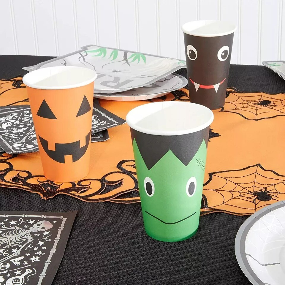 48 Pack Halloween Paper Cups,12 oz Disposable Pumpkin Bat Frankenstein for Party
