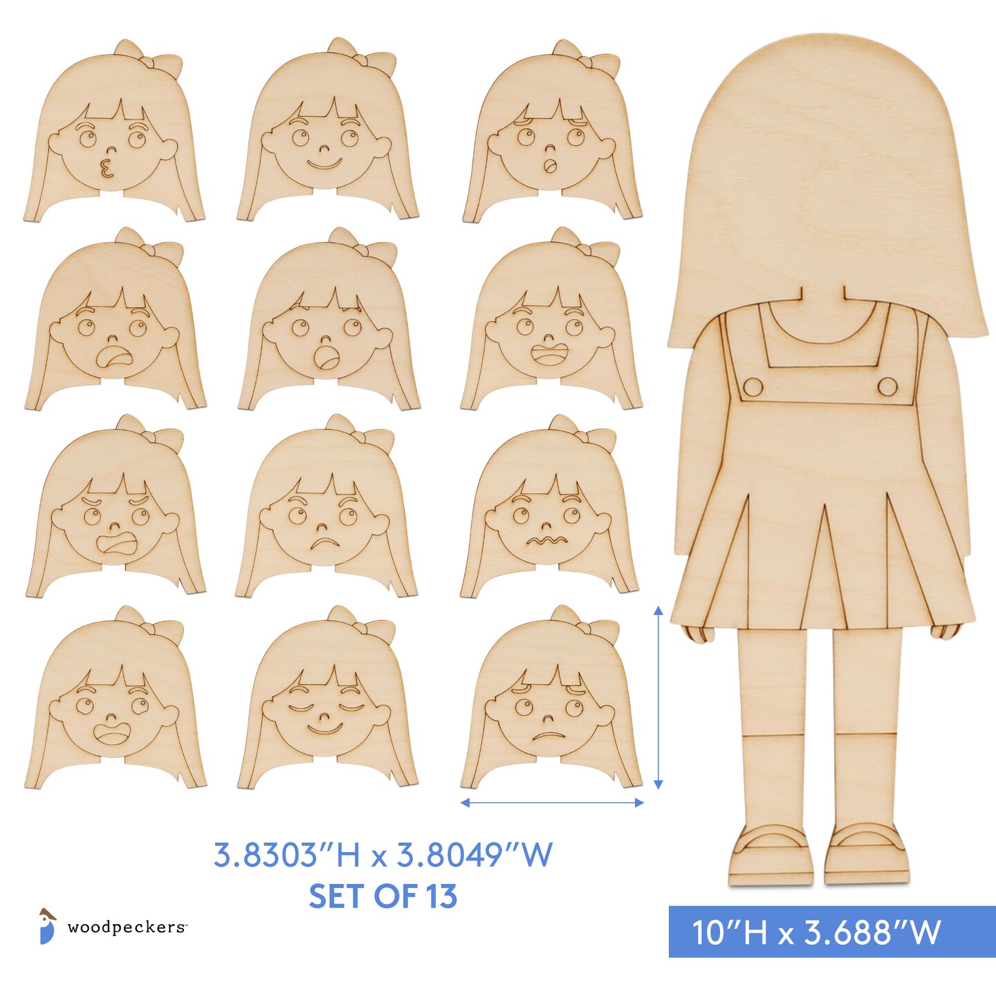 Emotion Faces Cutouts Girl 10&#x201D;, Set of 13 Feeling Cards for Kids | Woodpeckers