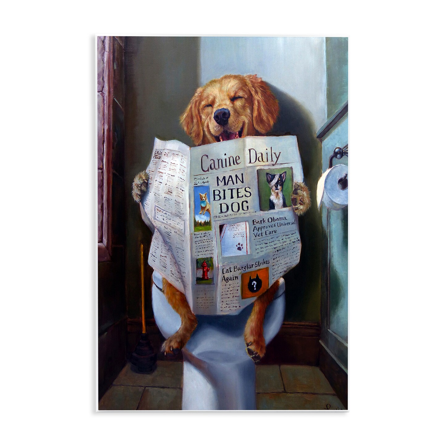 Stupell Industries Dog Reading Newspaper On Toilet Wall Plaque Art