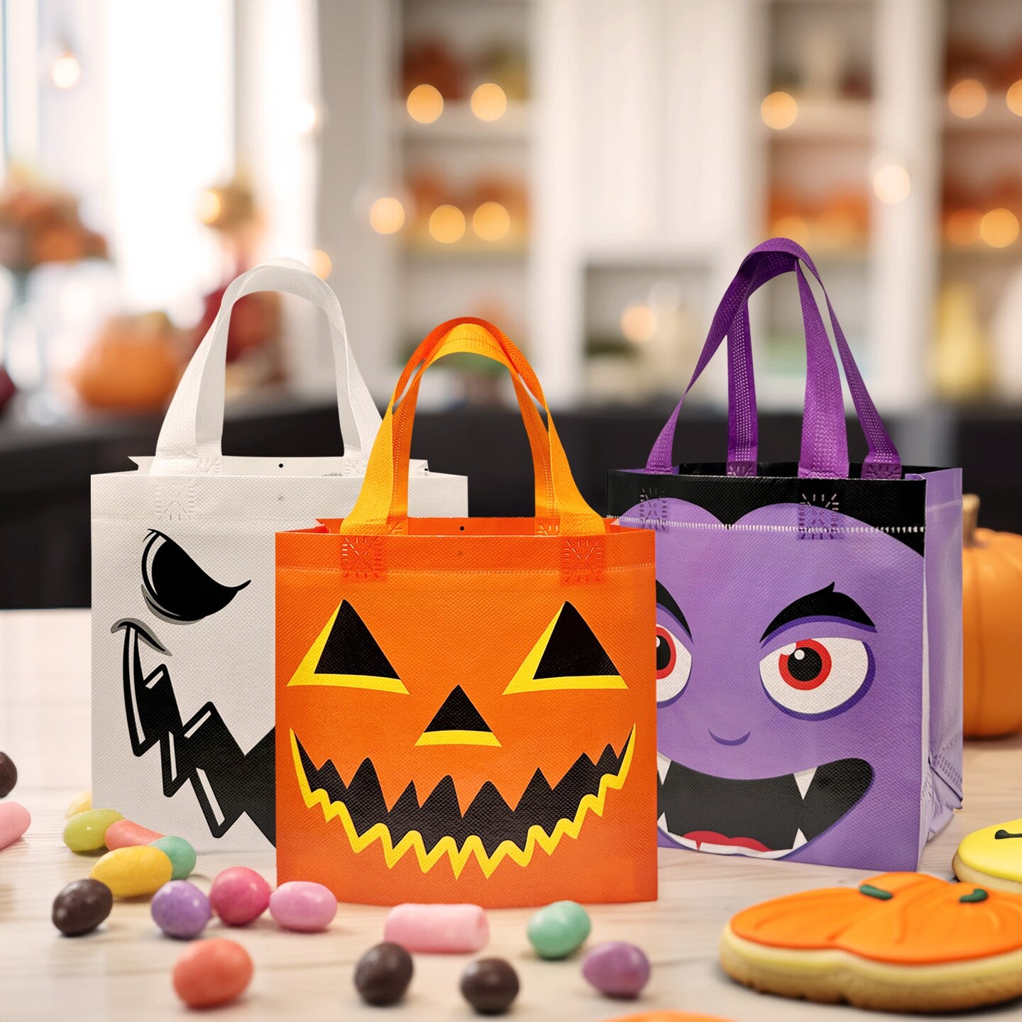 Wrapables Non-Woven Reusable Halloween Trick or Treat Bags with Handles for Parties, Gifts, Candy and Treats (Set of 8), Monster