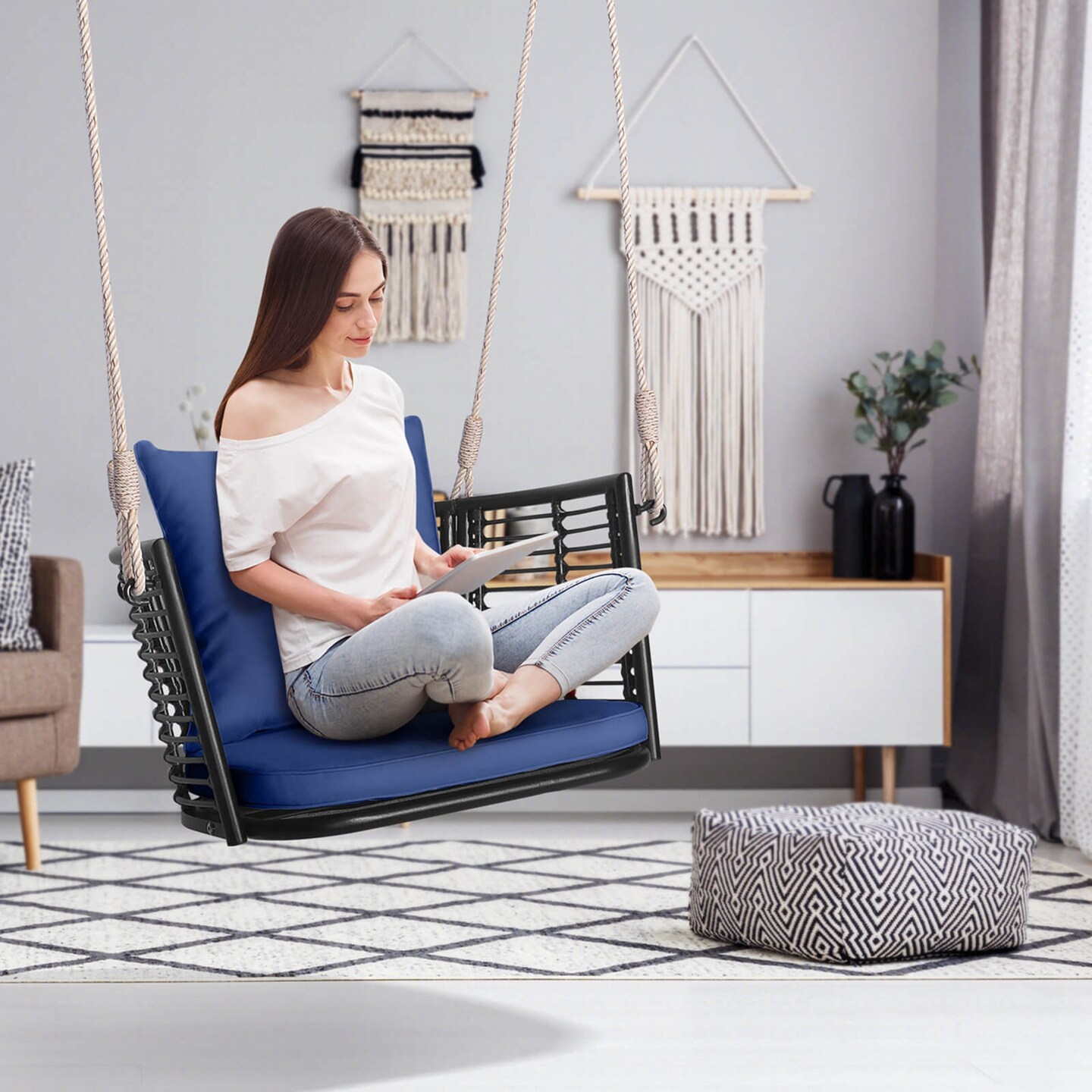 Costway Patio Hanging Rattan Basket Chair Swing Hammock Chair with Seat Cushion Navy/Grey/Beige
