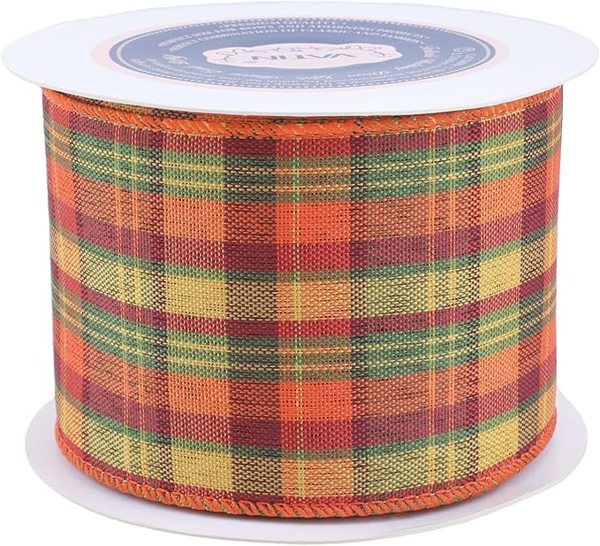 Fall Tartan Wired Ribbon 2-1/2 Inch x 10 Yard Orange, Red, Green, and Yellow Fall Plaid Ribbon for Large Bow Wreath, Gift Wrapping, and Tree Decoration