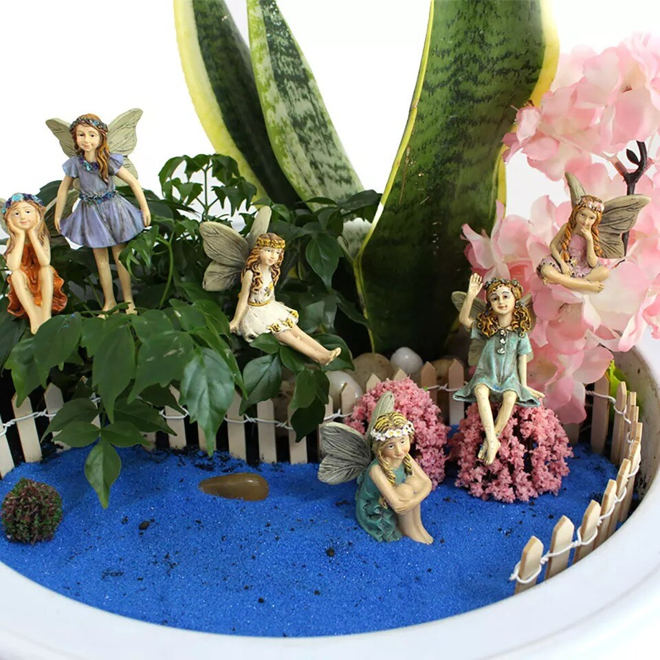 6x Flower Fairies Figure Miniature Garden Resin Ornaments Statue Flowerpot Decor