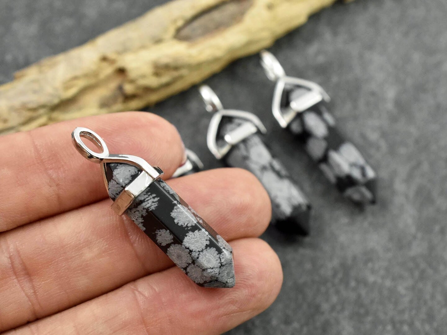 40mm Platinum Tone Natural Snowflake Obsidian Double Terminated Bullet Pendant