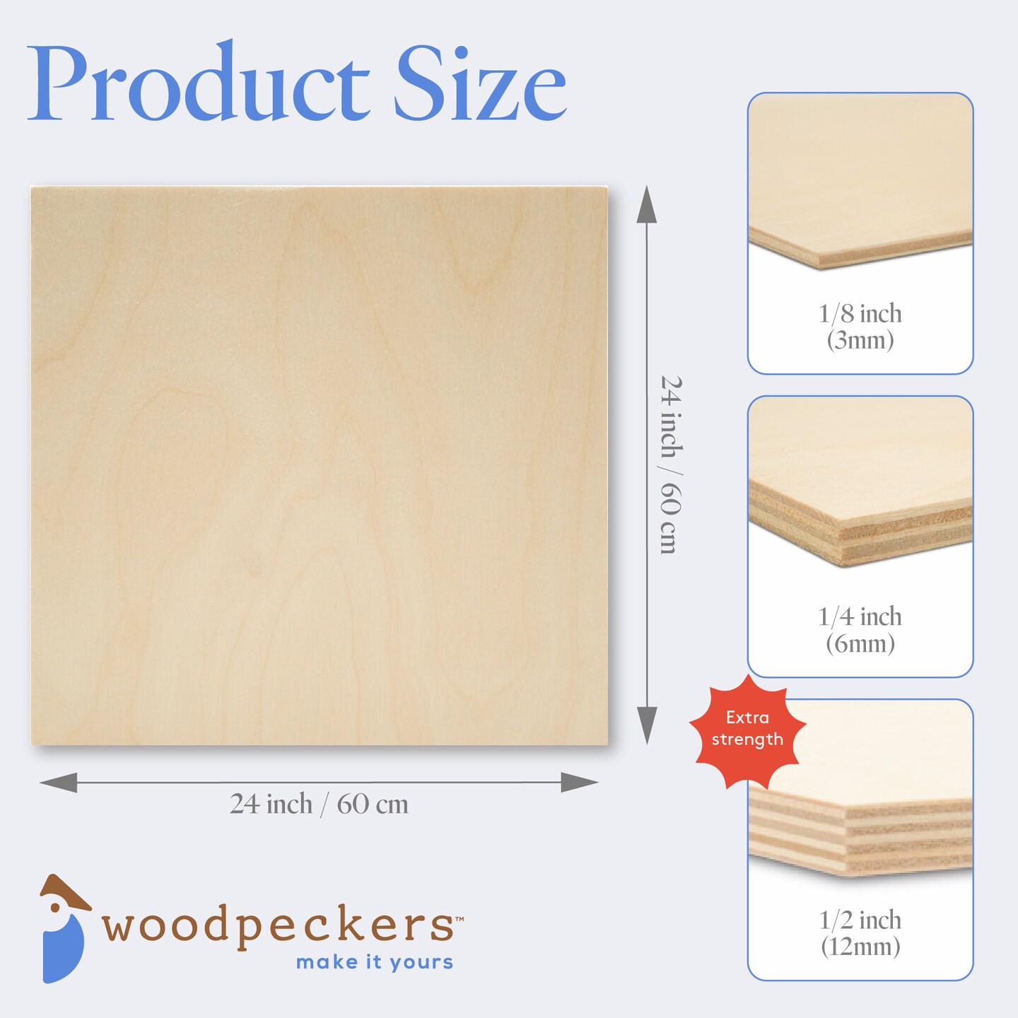 Baltic Birch Plywood, 24 x 24 Inch, B/BB Grade Sheets, 1/2, 1/4 or 1/8 Inch Thick| Woodpeckers