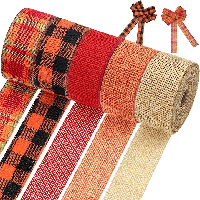 5 Rolls 30 Yards Plaid Burlap Ribbon Rolls 1 Inch Fall Wired Wrapping Ribbon Thanksgiving Wired Edge Ribbon Autumn Decorative Ribbon for the Harvest Thanksgiving Wreath Decoration