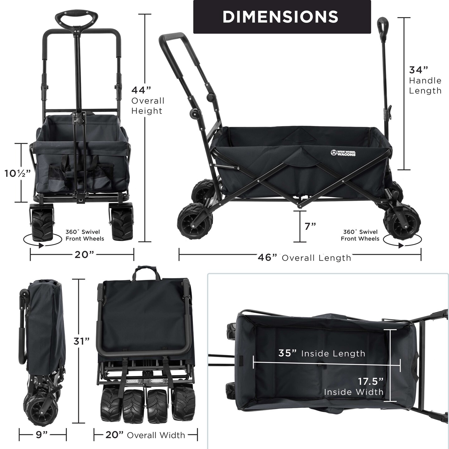 Black Wide Wheel Wagon All-Terrain Folding Collapsible Utility Wagon with Push Bar - Portable Rolling Heavy Duty 150 Lbs Capacity Canvas Fabric Cart