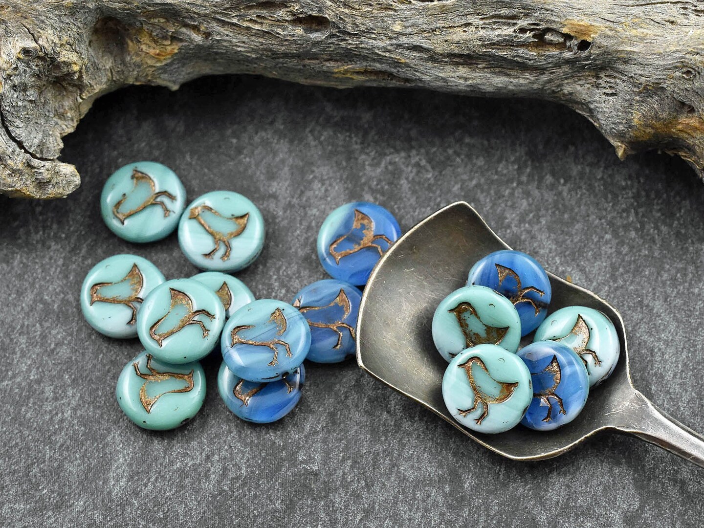 *15* 12mm Dark Bronze Washed Turquoise Aqua Cream Bird Coin Beads