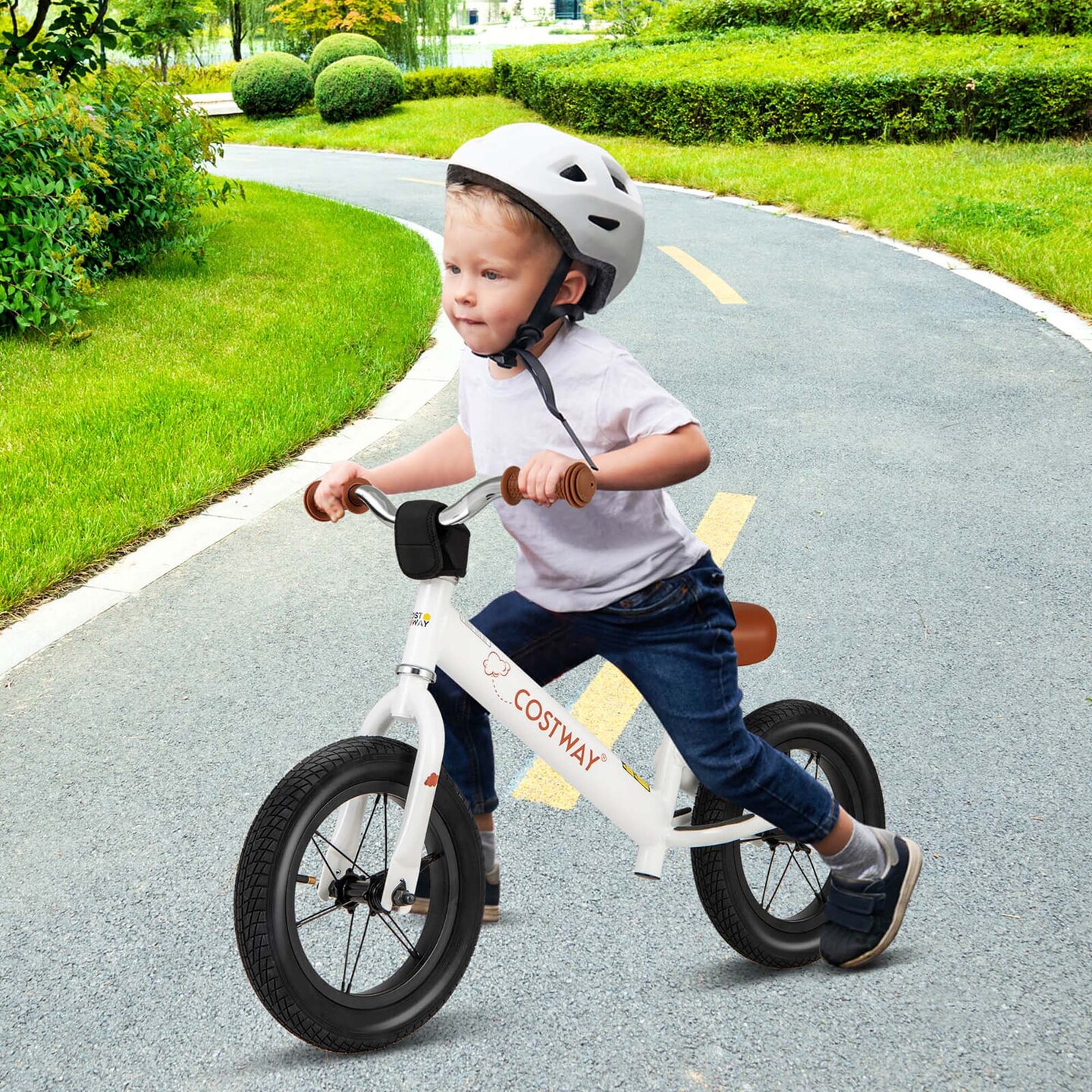 Costway 12 Inch Toddler Balance Bike No Pedal Training Bicycle with Inflatable Rubber Tires Yellow/White/Red