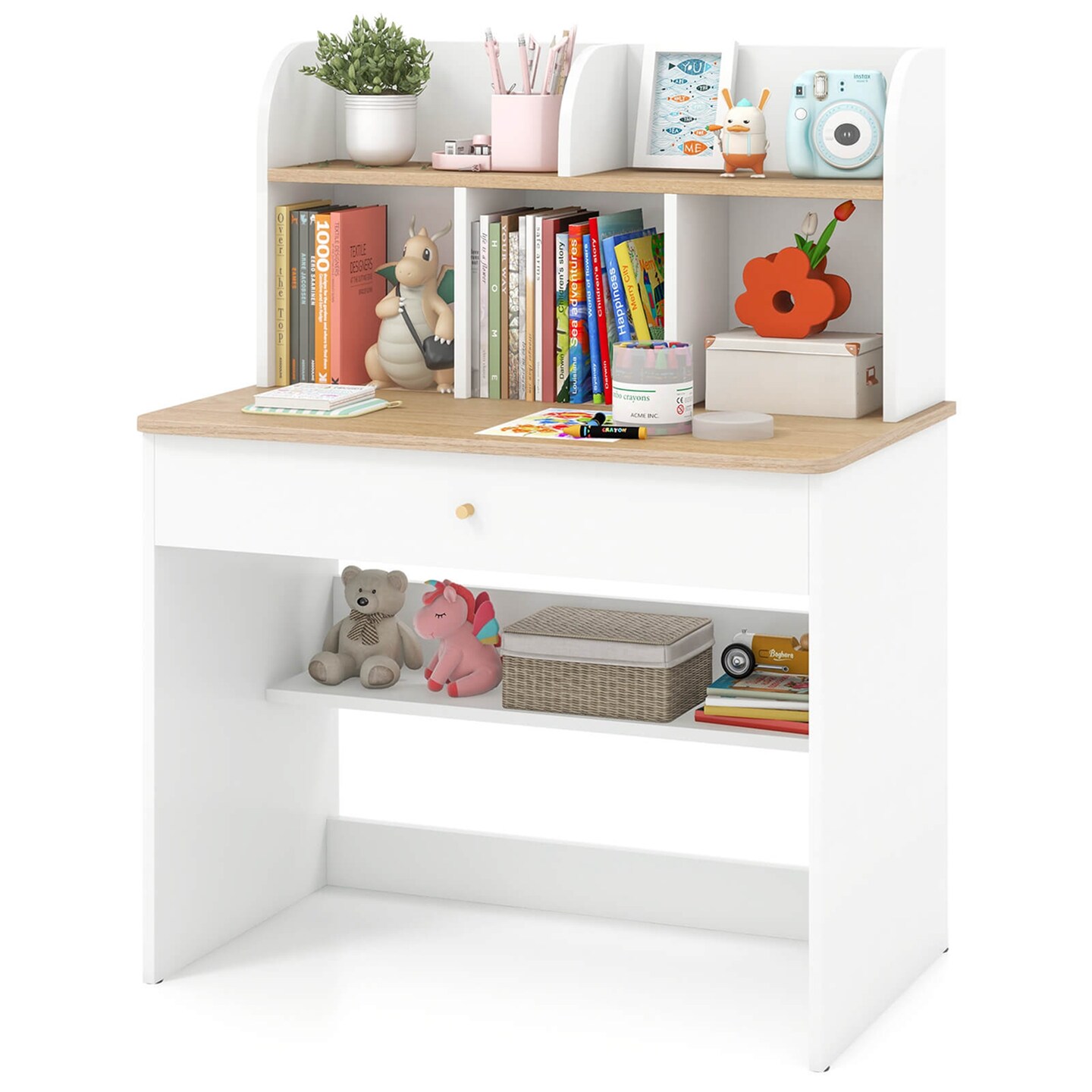 Costway Kids Wooden Study Desk Children Writing Table with Hutch Drawer White Michaels