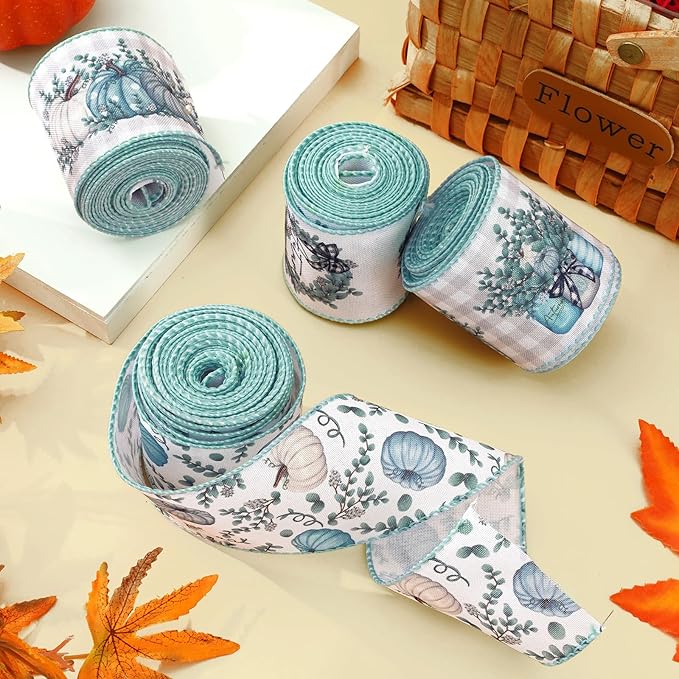 Fall Wired Edge Ribbon 24 yards Blue Pumpkin Eucalyptus Leaves Craft Fabric Ribbon Autumn Plaids Decorative Ribbon for Thanksgiving Harvest Wreath Bow DIY Crafts Wrapping, 4 rolls