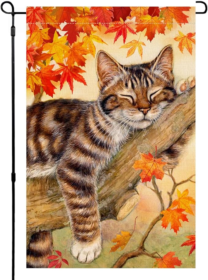 Fall Cat Garden Flag 12x18 Vertical Double Sided Autumn Leaves Thanksgiving Holiday Outdoor Decorations. Burlap Yard Flag, BW699