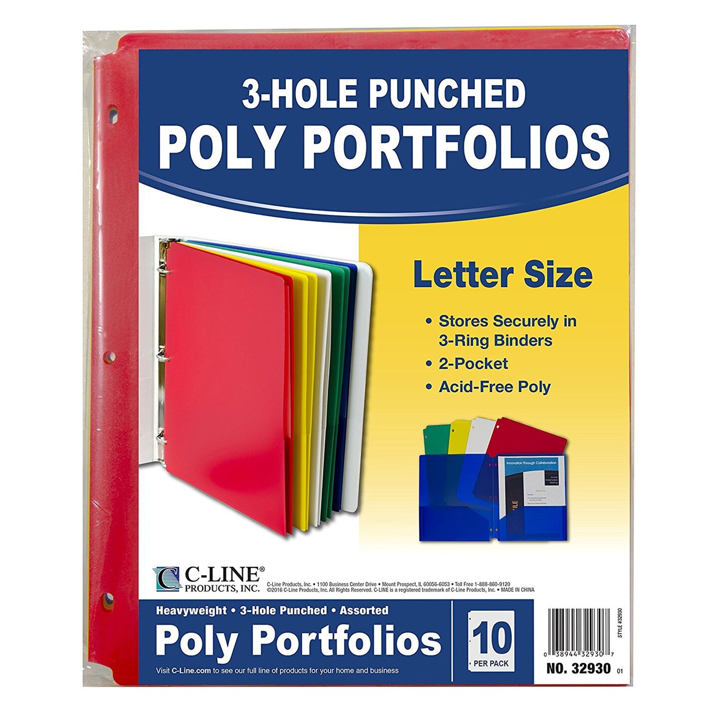 Two-Pocket Heavyweight Poly Portfolio Folder with Three-Hole Punch, Assorted Primary Colors, 10/Pack