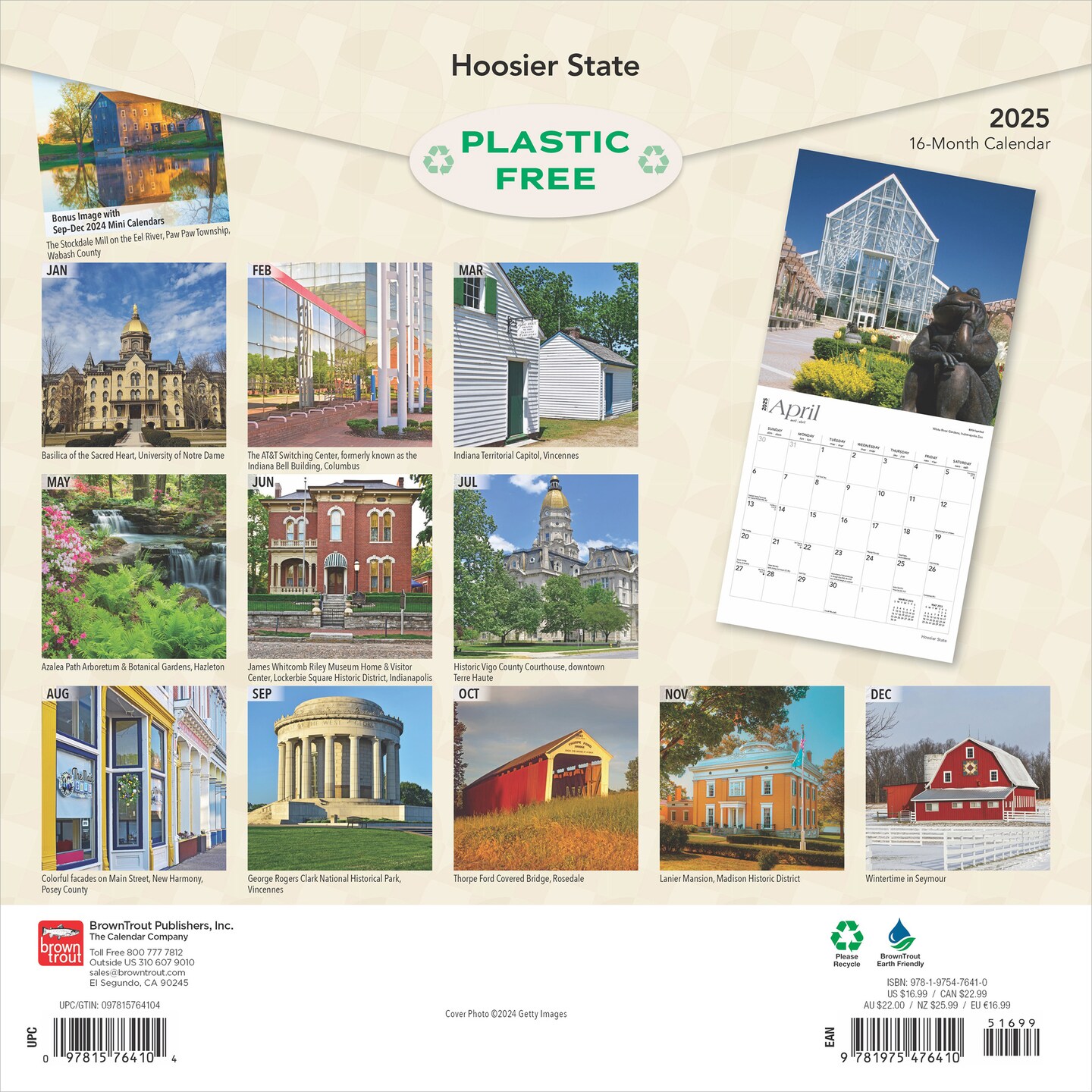 Hoosier State | Indiana Places | 2025 12 x 24 Inch Monthly Square Wall Calendar | Plastic-Free | BrownTrout | USA Indianapolis Midwest State Nature