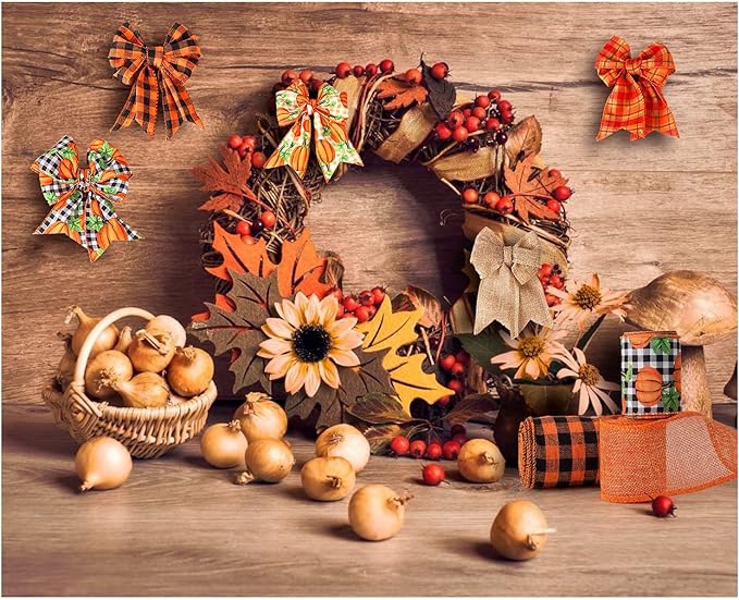 6 Rolls 30 Yards Fall Burlap Ribbon, 2.5&#x22; Wide Buffalo Plaid Wired Edge Ribbon with Pumpkin Pattern. Thanksgiving Theme Craft Ribbon Rustic Autumn Harvest Ribbon for Gift Wrapping. Making a wreath bow.