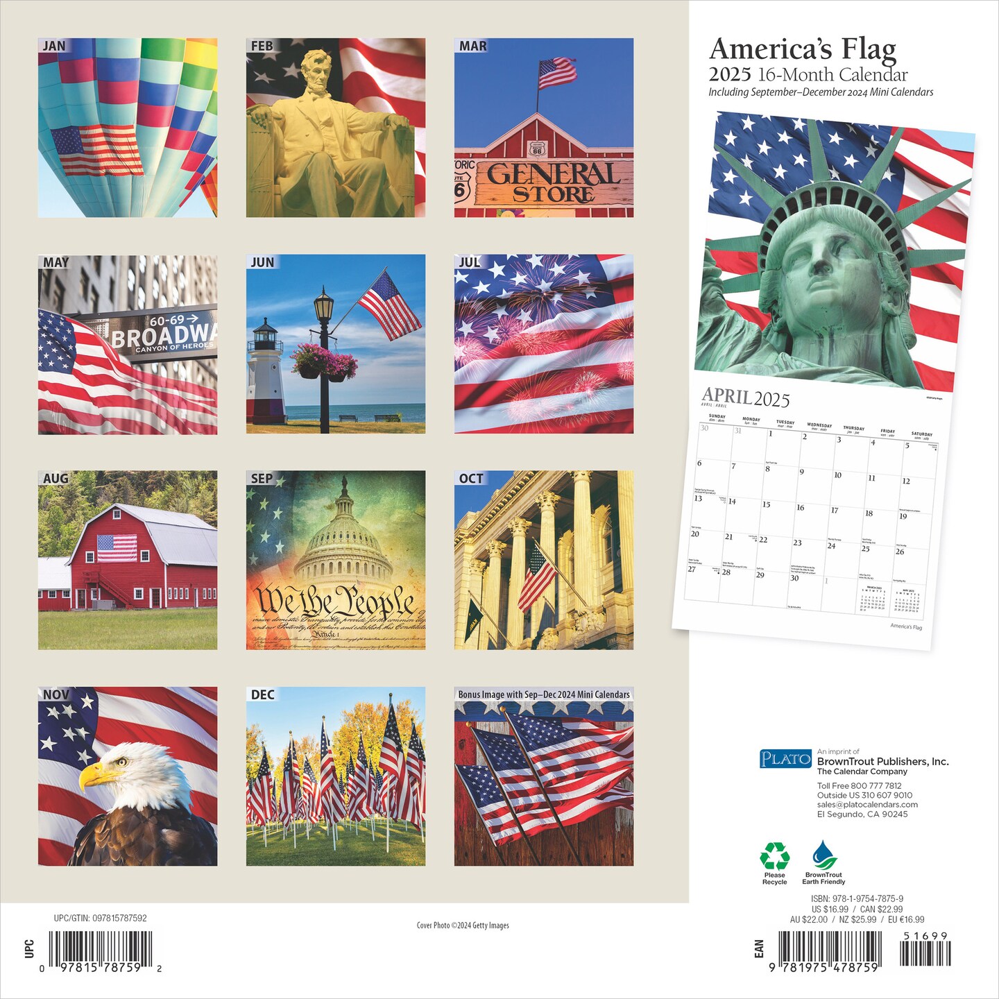 America&#x27;s Flag | 2025 12 x 24 Inch Monthly Square Wall Calendar | Foil Stamped Cover | Plato | USA United States of America