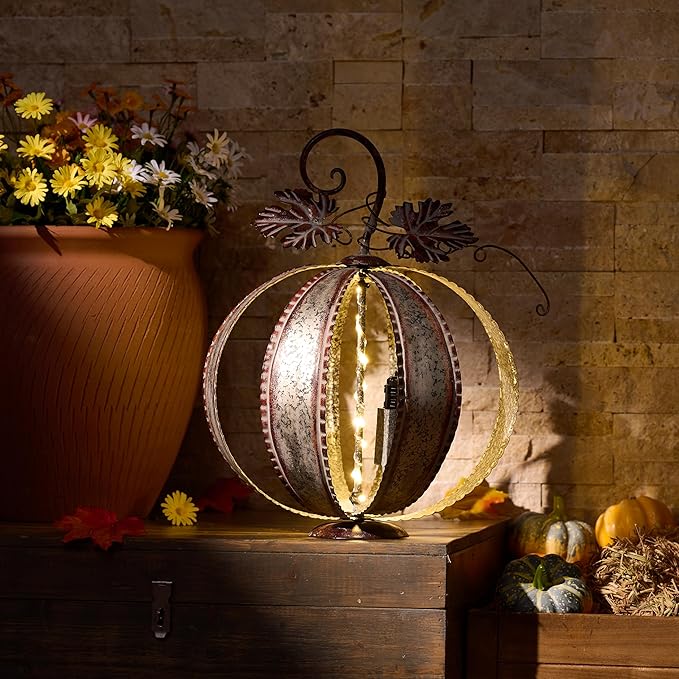 Outdoor Fall Pumpkin Decor: Large Lighted Metal Silvery Pumpkin for Home, Autumn Harvest Halloween Pumpkin for Garden Decor, Yard Decoration for Porch Patio, Thanksgiving Gift, 15.4&#x22;