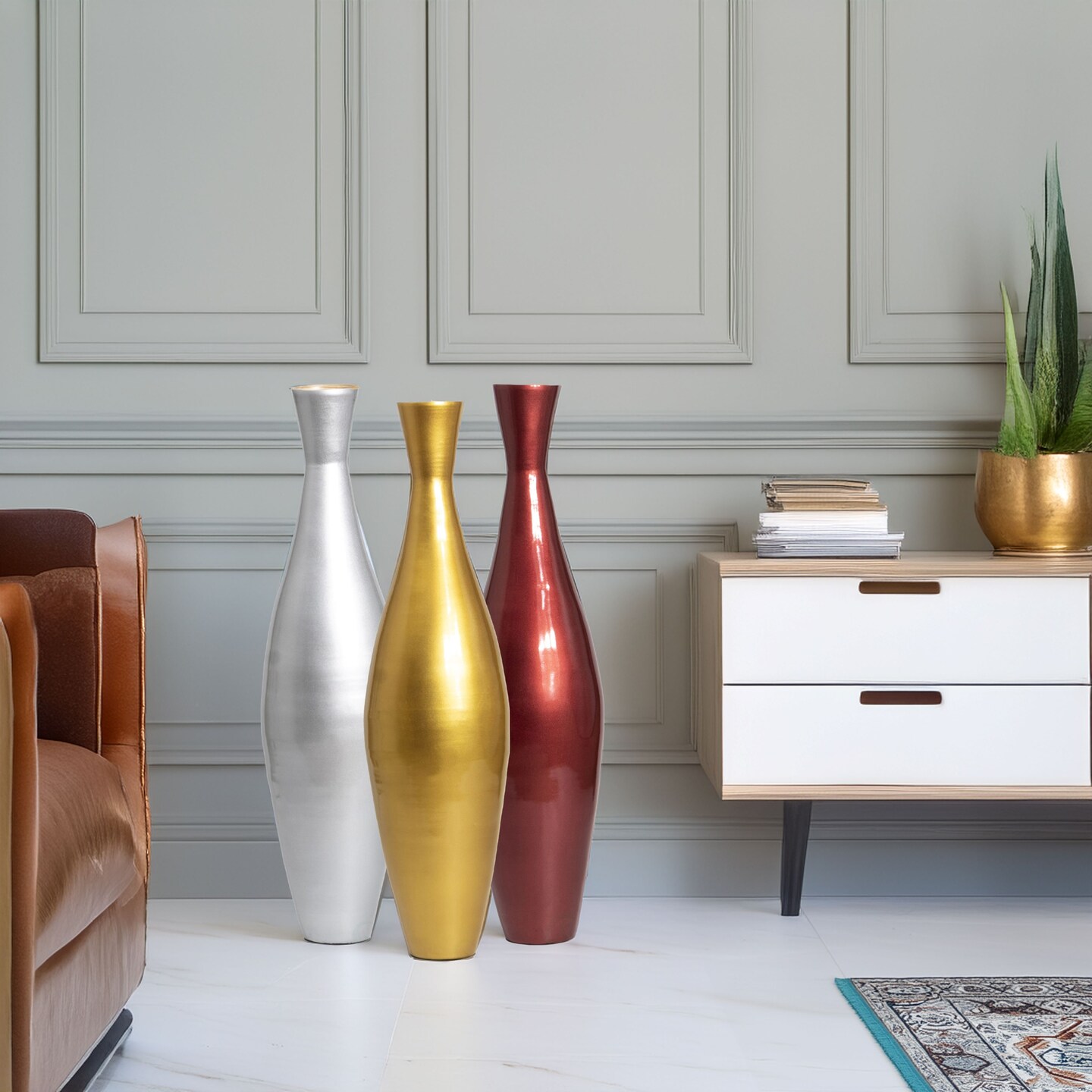 Modern Bamboo Narrow Trumpet Floor Vase - Elegant Home Decoration, Modern Accent Piece, Living Room Decor, Handcrafted Bamboo Art, Contemporary Interior Design, Unique Tall Vase, Set of 3