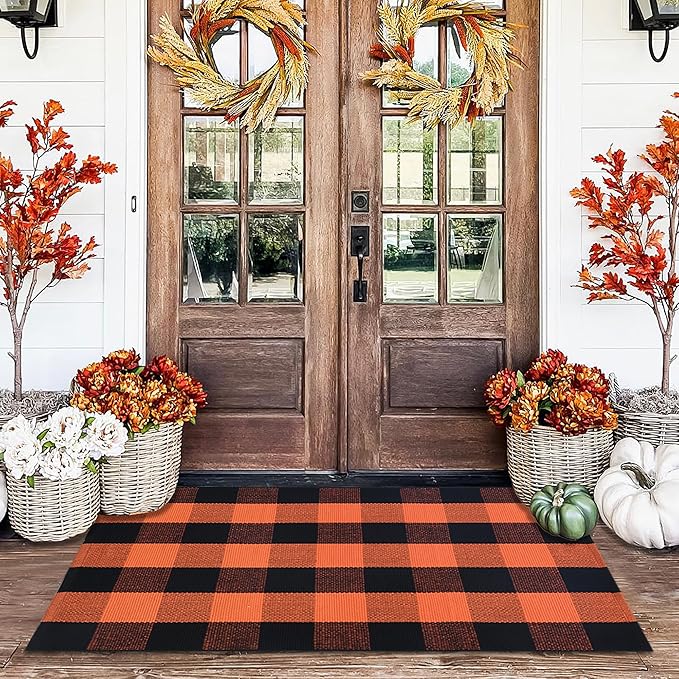 Orange and Black Plaid Rug, 28&#x22; x 43&#x22; Fall Outdoor Front Door Decor Mat, Cotton Washable Hand-Woven Rug for Layered Doormat, Autumn Halloween Thanksgiving Carpet for Porch or Entryway