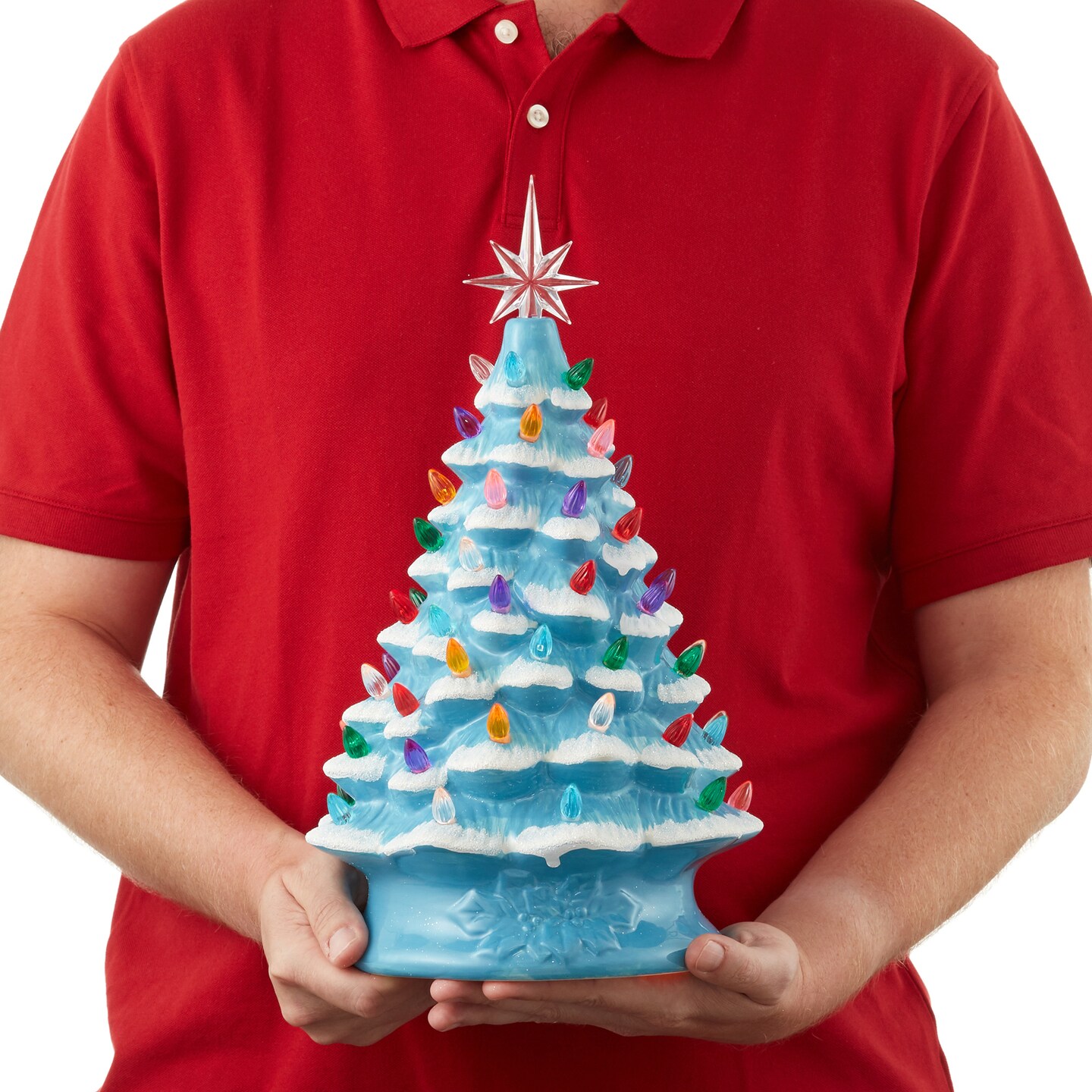 Casafield Hand Painted Ceramic Christmas Tree, Blue Snow Flocked  15-Inch Pre-Lit Tree with 128 Multi Color Lights and 2 Star Toppers