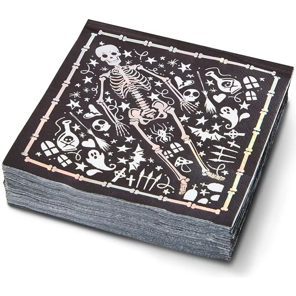 50 Pack Halloween Paper Napkins, Skeleton Coffin Cocktail Party Supplies 6.5&#x201D;