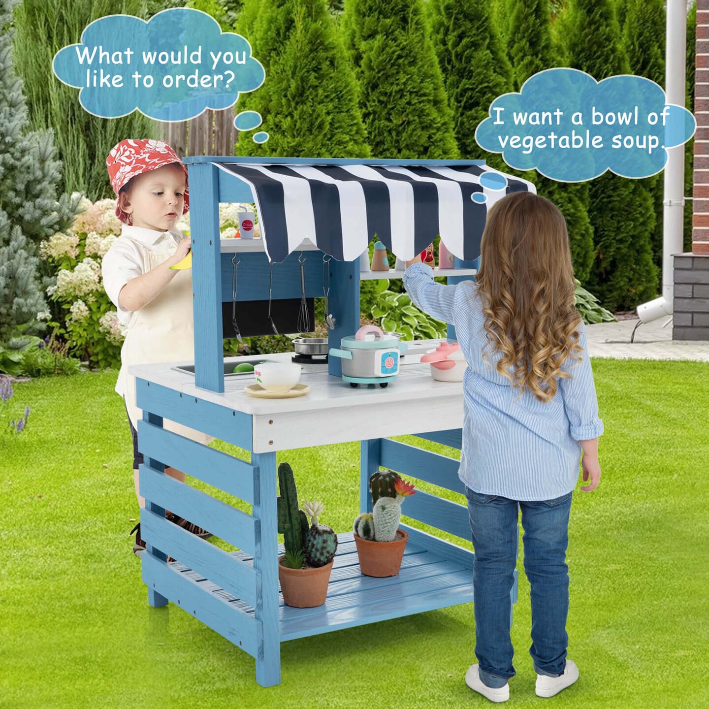 Costway 2-In-1 Wooden Mud Kitchen with Canopy Removable Sink Water Box Faucet Sound Effect