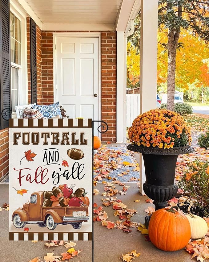 Welcome to Thanksgiving. Fall Garden Flags for Outside Decorations: FOOTBALL and Fall Y&#x27;all Truck with Maple Leaves. Small Yard Flag, Harvest Autumn Seasonal Farmhouse Holiday Outdoor Decor 12x18 inches