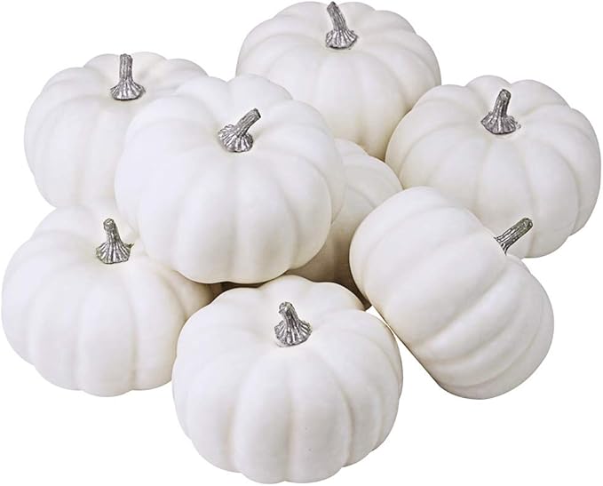 8 Pieces Realistic 4" Fall Harvest Small Off White Mini Artificial Pumpkins for Halloween, Fall, and Thanksgiving Decoration