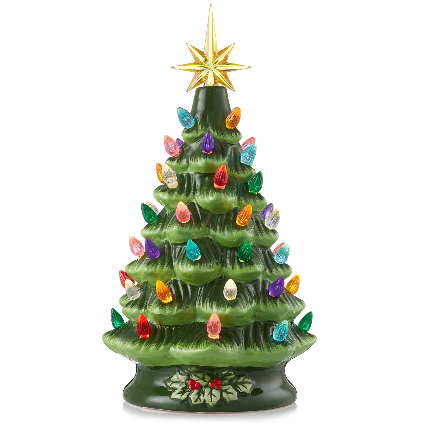 Casafield Hand Painted Ceramic Christmas Tree, 12-Inch Pre-Lit Tree with 100 Multi Color Lights and 2 Star Toppers