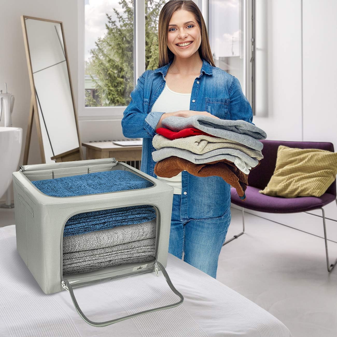 Sorbus 1 Pack Jumbo Storage Bin with Metal Frame, Storage Containers with Window & Handles, Stackable & Foldable Clothes Organizer Bag