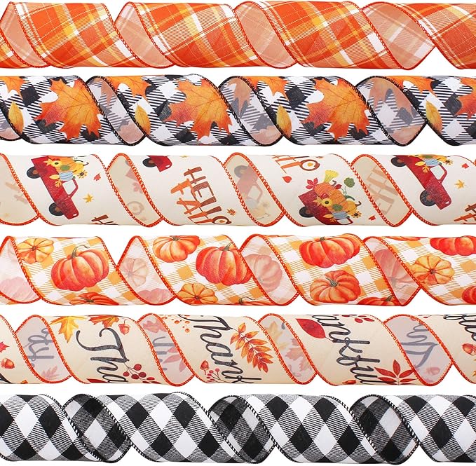 Fall Ribbon Wired 2 1/2&#x22; x 30 Yards (6 Roll x 5 Yards), Thanksgiving Pumpkin Buffalo Plaid Ribbon with Wire for Wreaths, Crafts, and Fall Decor