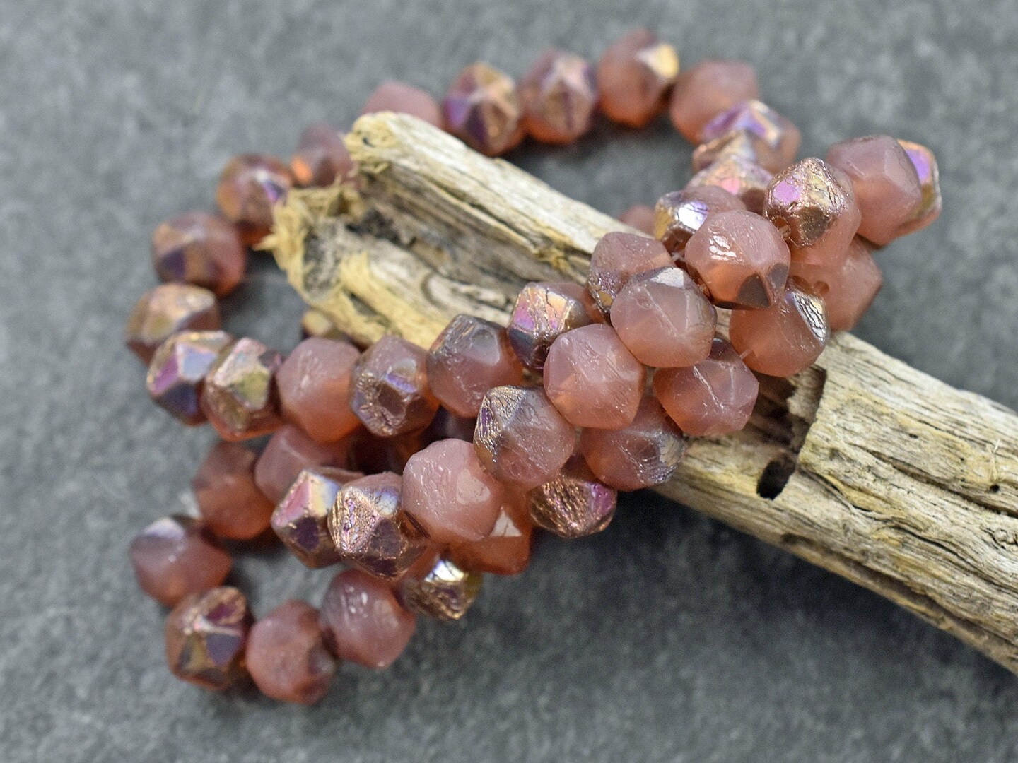 *20* 8mm Copper Rainbow Washed Salmon Pink Opal English Cut Round Beads