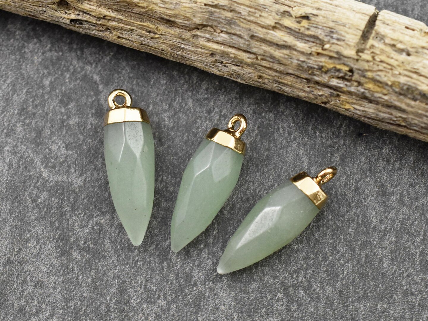 25-26mm Gold Tone Natural green Aventurine Pointed Bullet Pendant