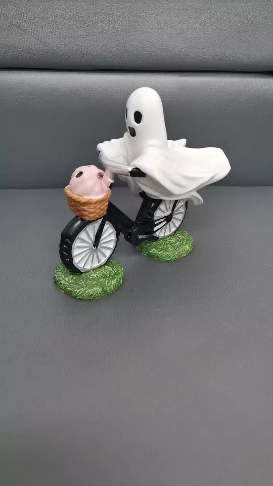Ghoul Ghost-Riding a Bike w/ Pink Pumpkin Cute Halloween Decor Viral 15 CM