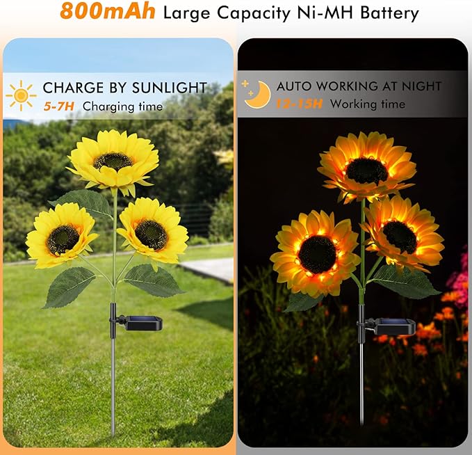 Solar Sunflower Lights, 800mA Solar Garden Light with Realistic Flowers. Outdoor Waterproof Solar Stake Lights for Backyard, Flower Bed, Pathway, Patio, Porch, Spring Decoration (2 Pack).