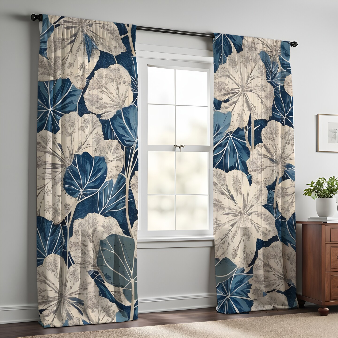 product name is Blue and Beige Floral Country Cottage Window Curtains | Unlined, Lined, Sheer and Room Darkening Options 00304