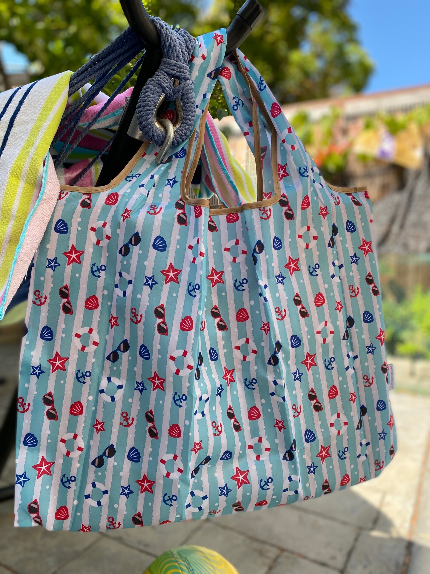 Wrapables Large &#x26; Small Foldable Tote Nylon Reusable Grocery Bags, Set of 2, Ocean Fun