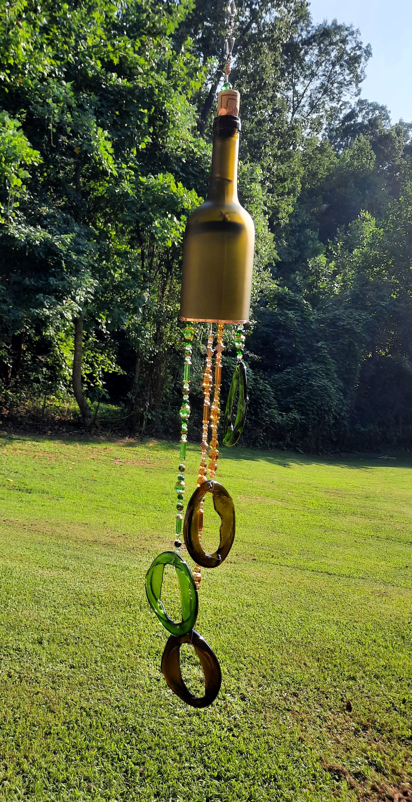 Amber Brown and Green Wine Bottle Wind Chime SunCatcher Upcycled