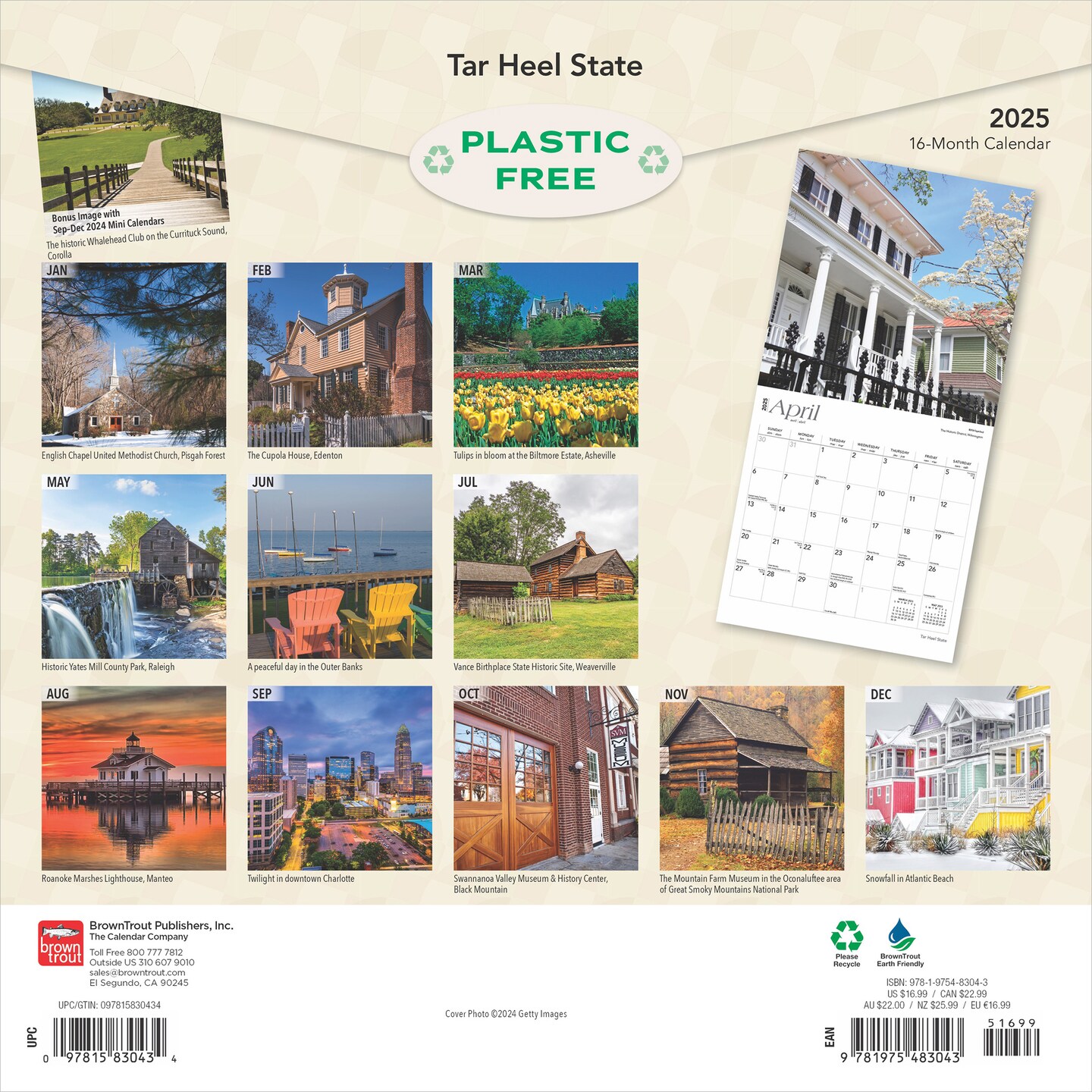 Tar Heel State | North Carolina Places | 2025 12 x 24 Inch Monthly Square Wall Calendar | Plastic-Free | BrownTrout | USA United States of America Southeast State Nature