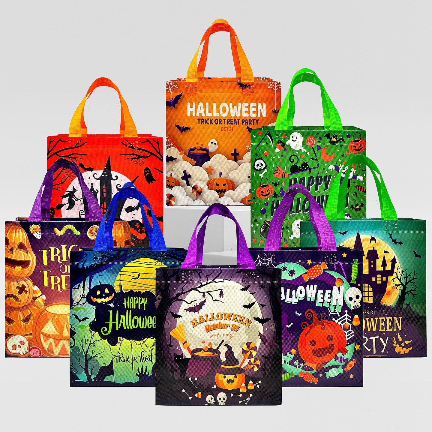 Wrapables Non-Woven Reusable Halloween Trick or Treat Bags with Handles for Parties, Gifts, Candy and Treats (Set of 8), Assorted